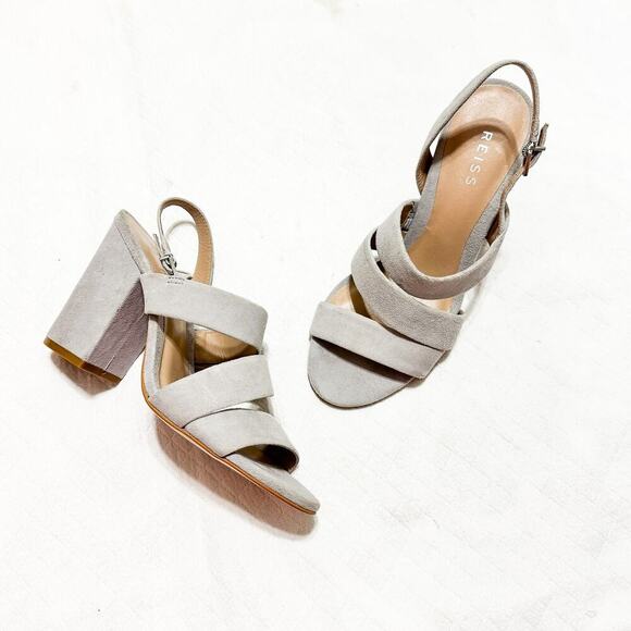 Reiss Naomi Block Heel Sandals Gray Suede Leather NWOB Size 38 Brazil - Picture 6 of 6